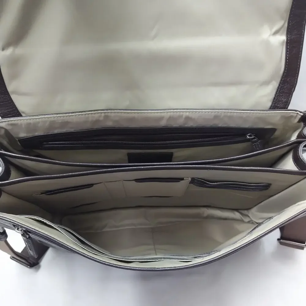 Tumi Brown Leather Gray Canvas Pushlock Laptop Briefcase Business Crossbody Bag